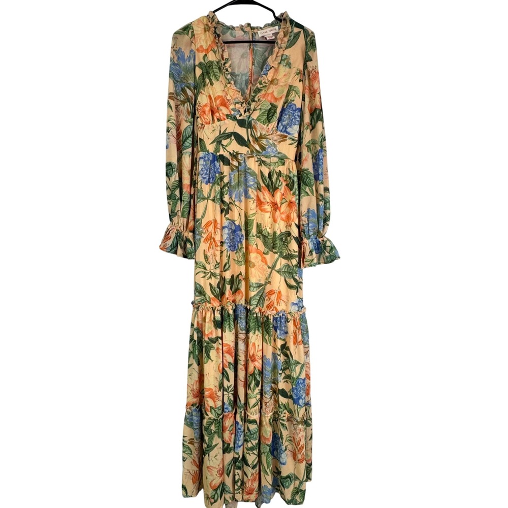 Flying Tomato Yellow Floral Tiered Maxi Dress with Blue & Orange Blooms